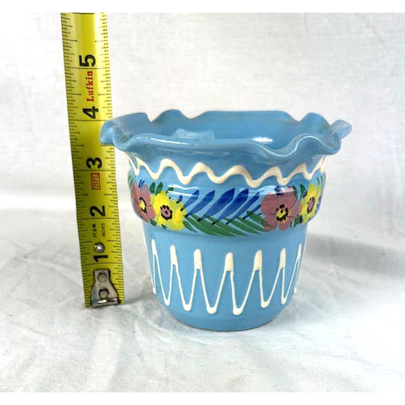 Vintage E&R Italian Pottery Planter Sky Blue Floral Ruffled Edge Flower Pot - Picture 5 of 6